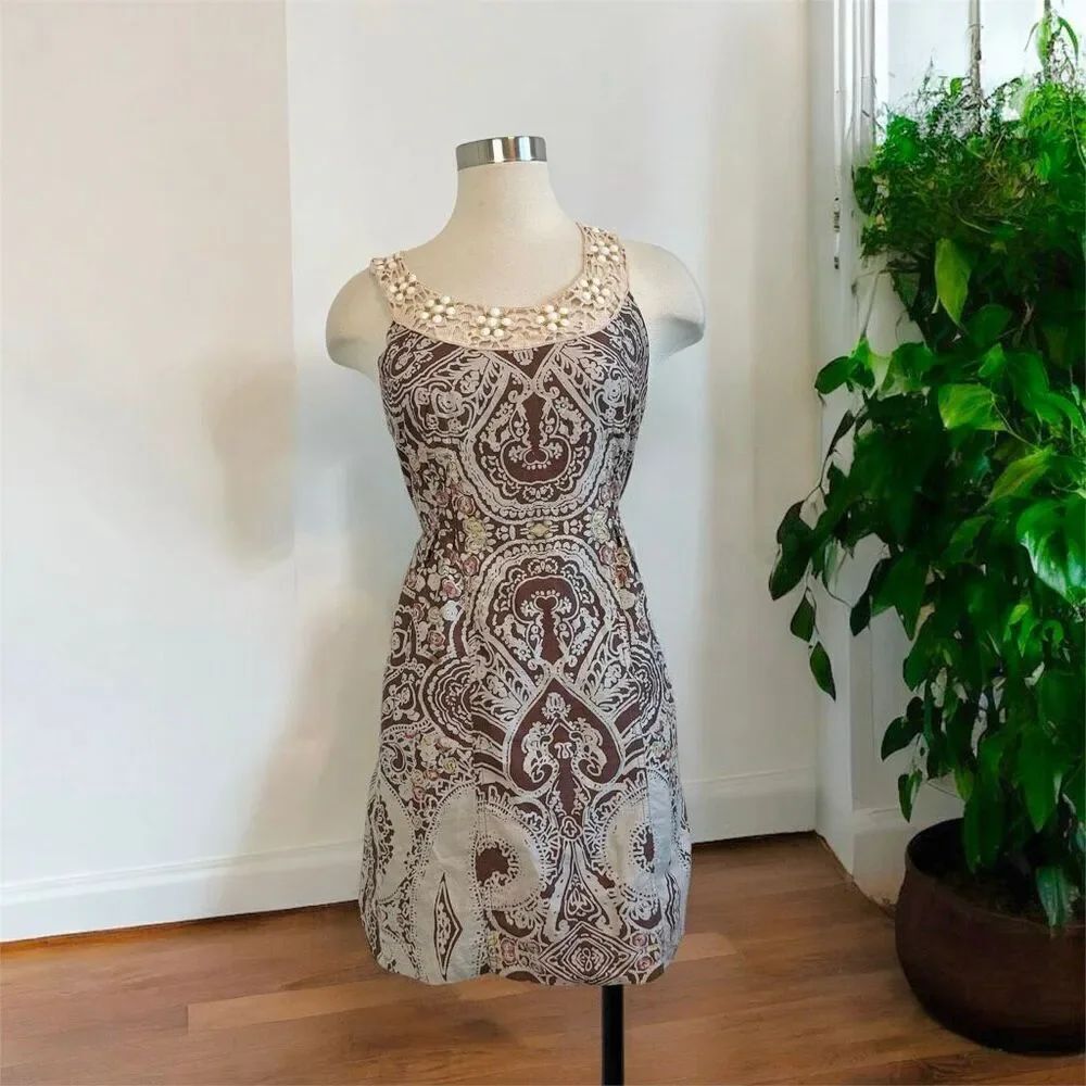 Free People Batik Brown Beaded Bead Mini Dress Halter Y2K Tie Dye Small 4